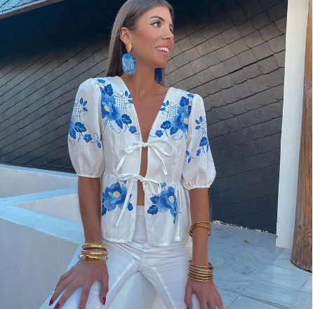 Floral Embroidered Tie-Front Blouse