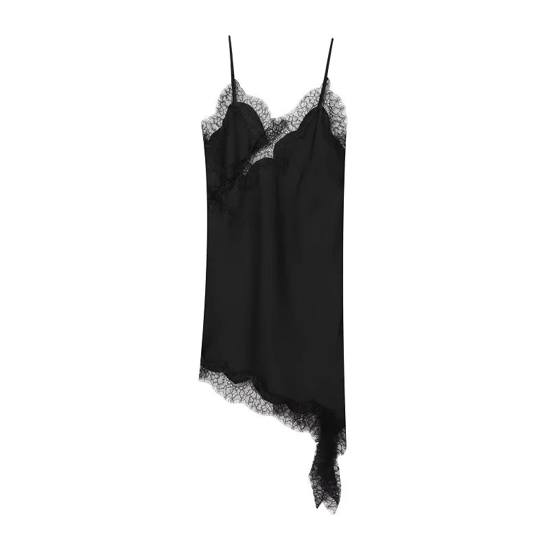 Satin Lace Backless Slip Mini Dress – Asymmetric Hem