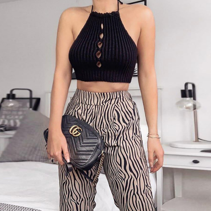 Ribbed Button Halter Crop Top