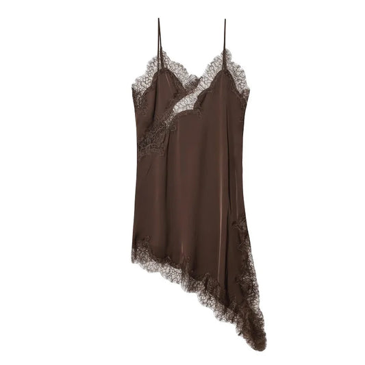 Satin Lace Backless Slip Mini Dress – Asymmetric Hem