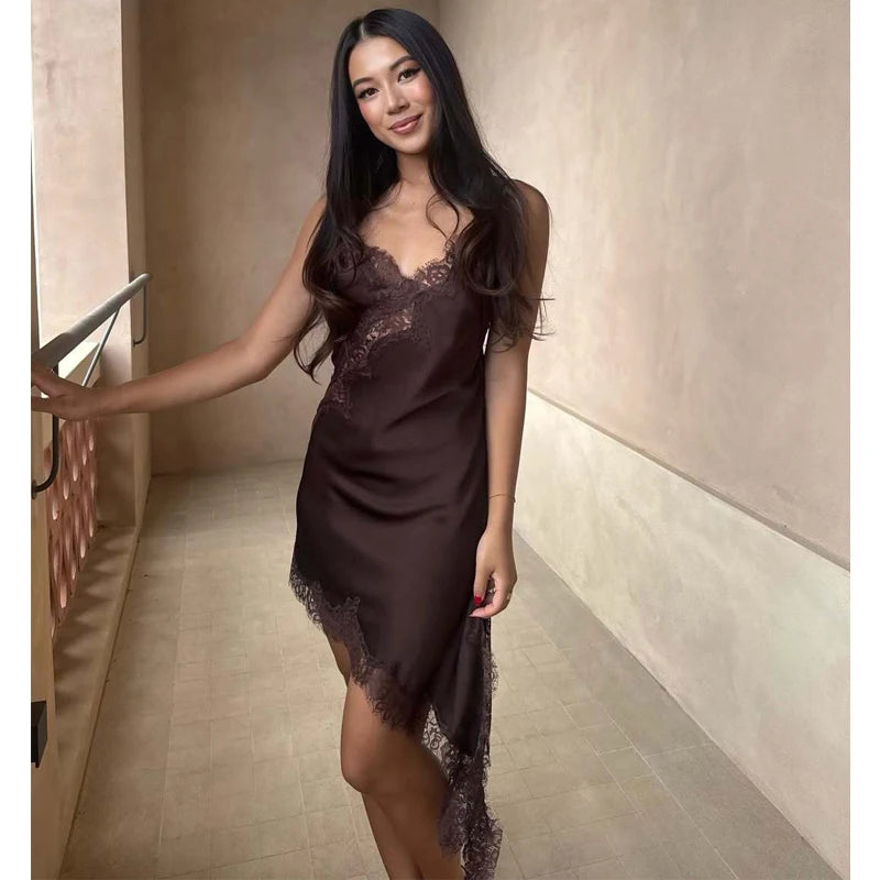 Satin Lace Backless Slip Mini Dress – Asymmetric Hem