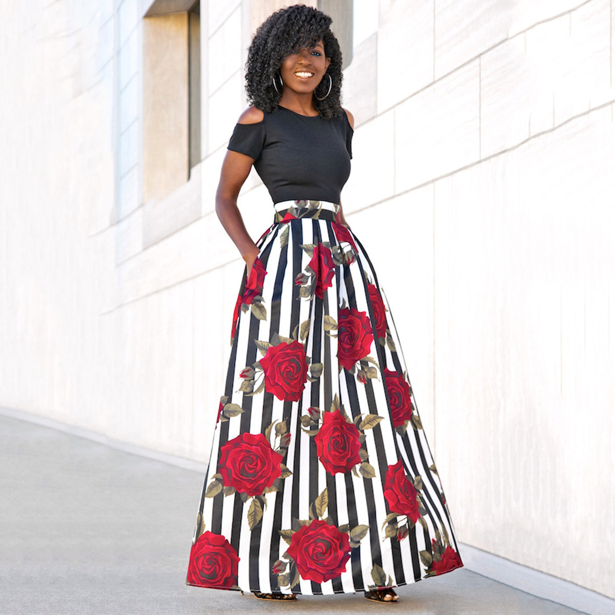 Cold-Shoulder Top & Floral Maxi Skirt Co-ord Set