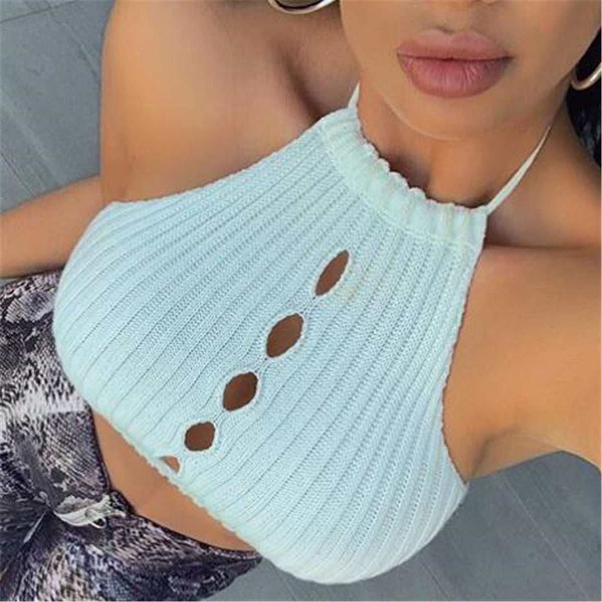 Ribbed Button Halter Crop Top