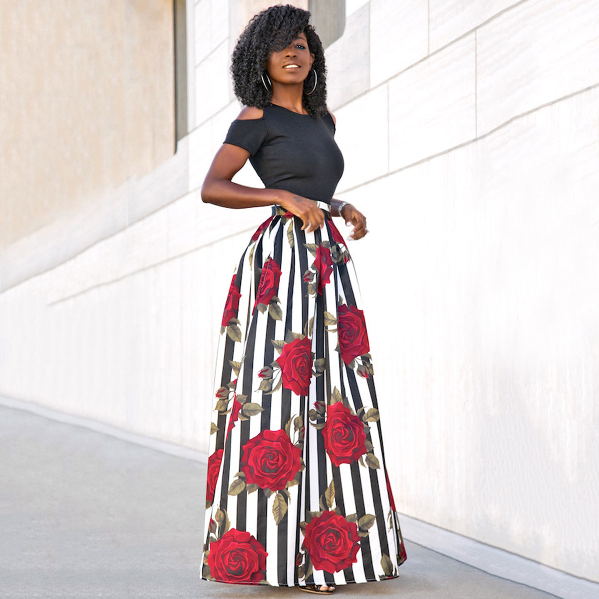 Cold-Shoulder Top & Floral Maxi Skirt Co-ord Set