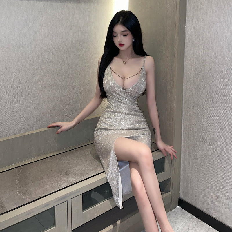 Low V-Neck Party Dress with High Slit