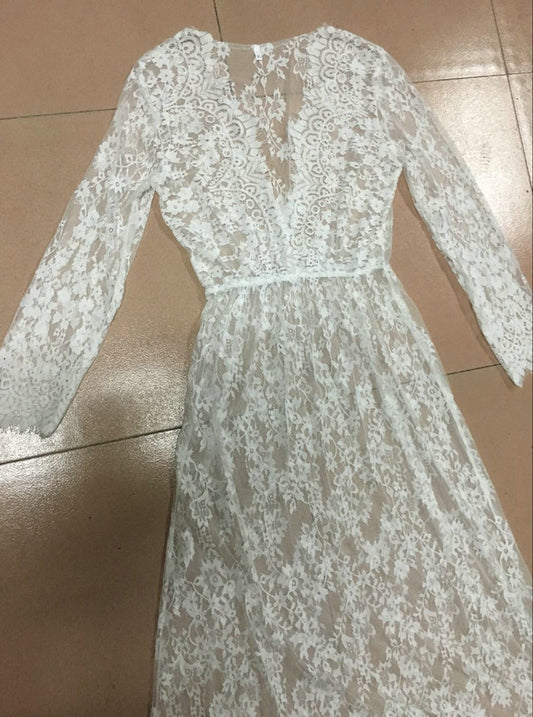 Long-Sleeve Sheer Lace Maxi Dress