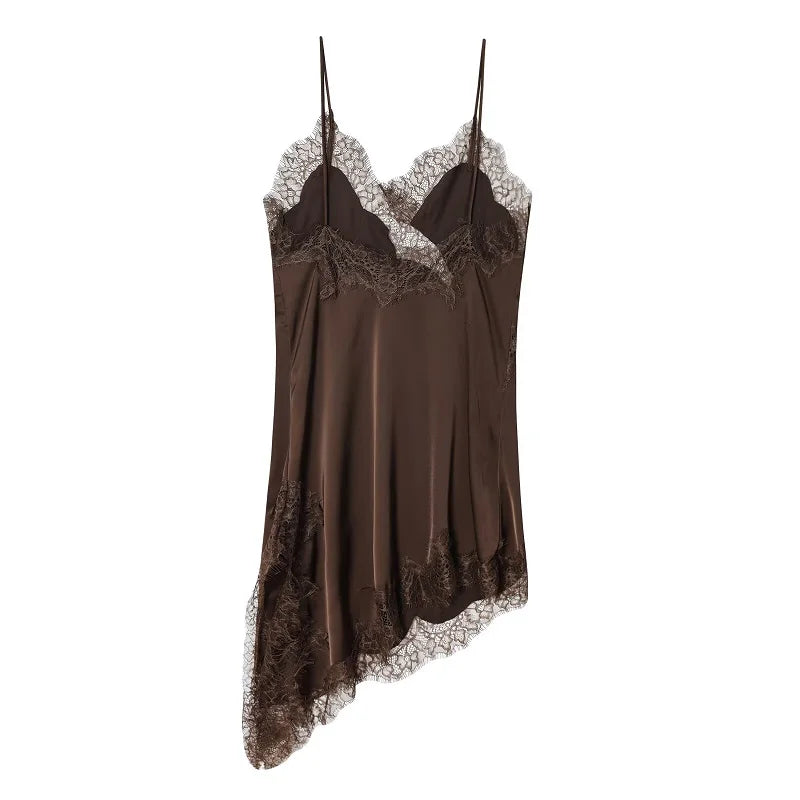 Satin Lace Backless Slip Mini Dress – Asymmetric Hem