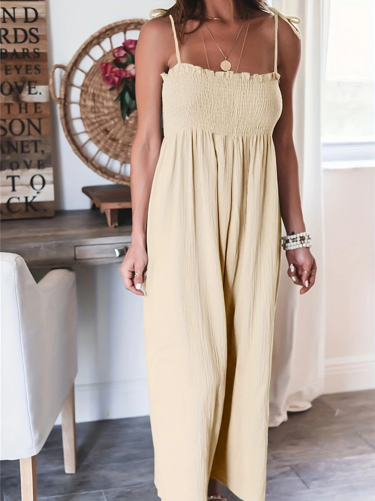 Boho Smocked Backless Cami Jumpsuit