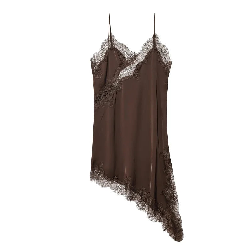 Satin Lace Backless Slip Mini Dress – Asymmetric Hem