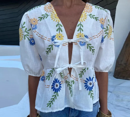 Floral Embroidered Tie-Front Blouse
