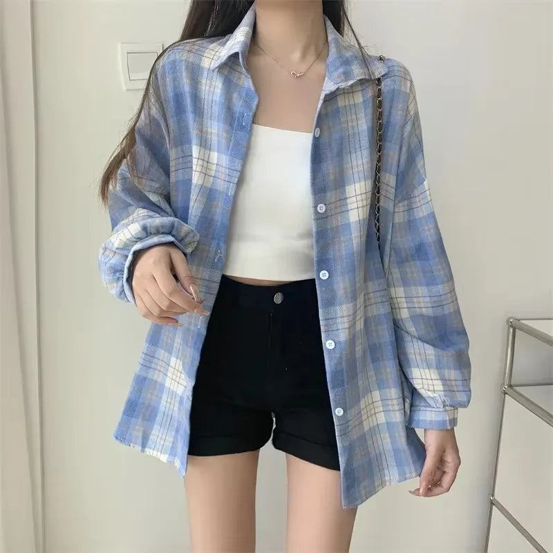 Loose-Fit Plaid Long Sleeve Shirt