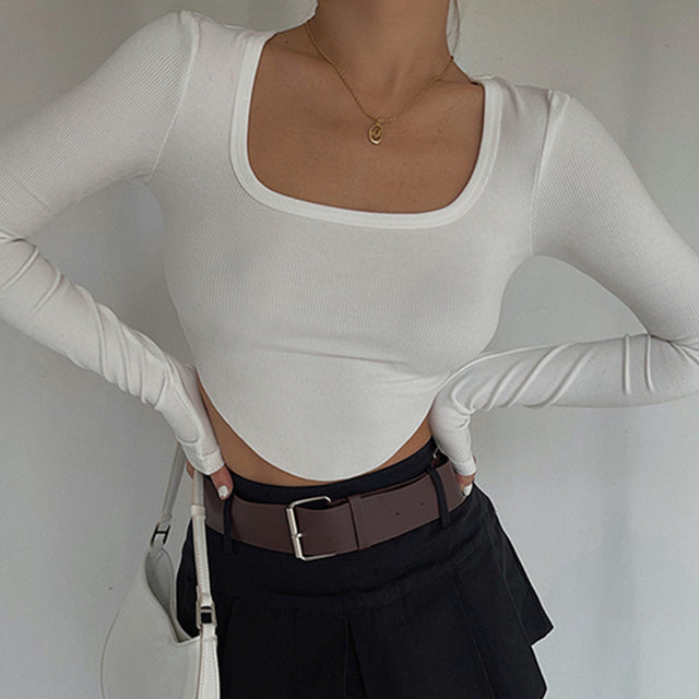 Ribbed Long-Sleeve Asymmetric Hem Top