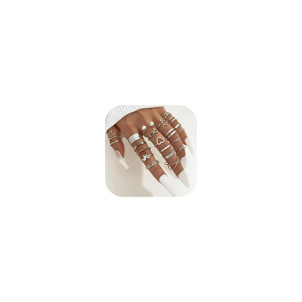 Silver Stackable Rings Set (22 Pcs) – Pearl, Heart & Butterfly