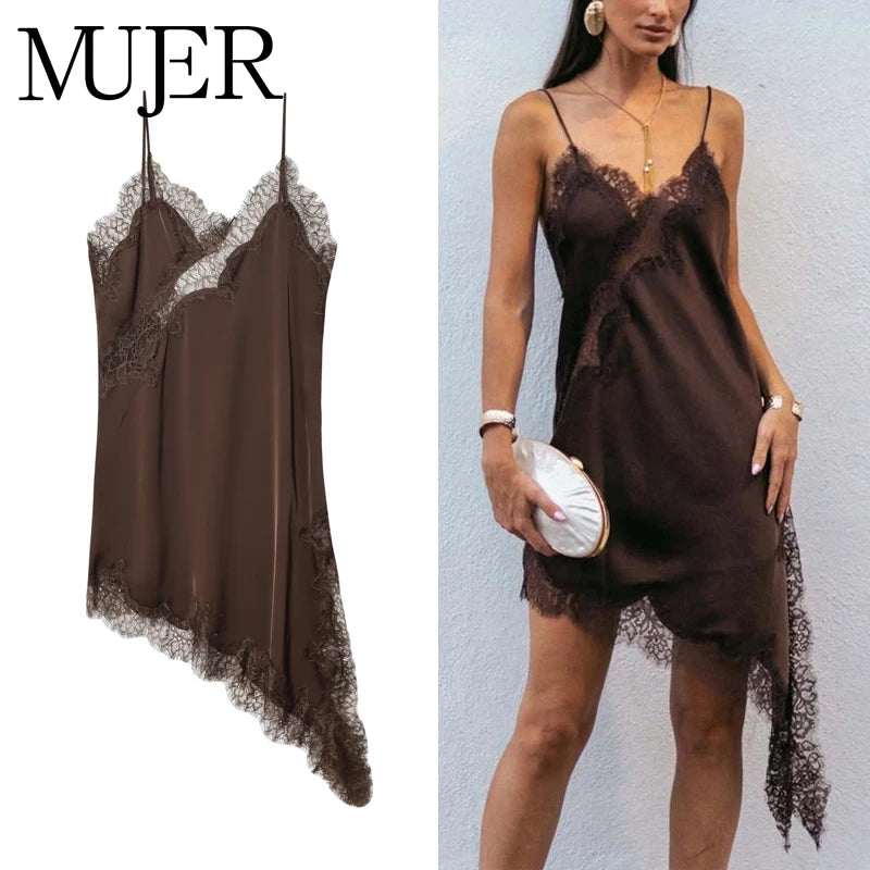 Satin Lace Backless Slip Mini Dress – Asymmetric Hem