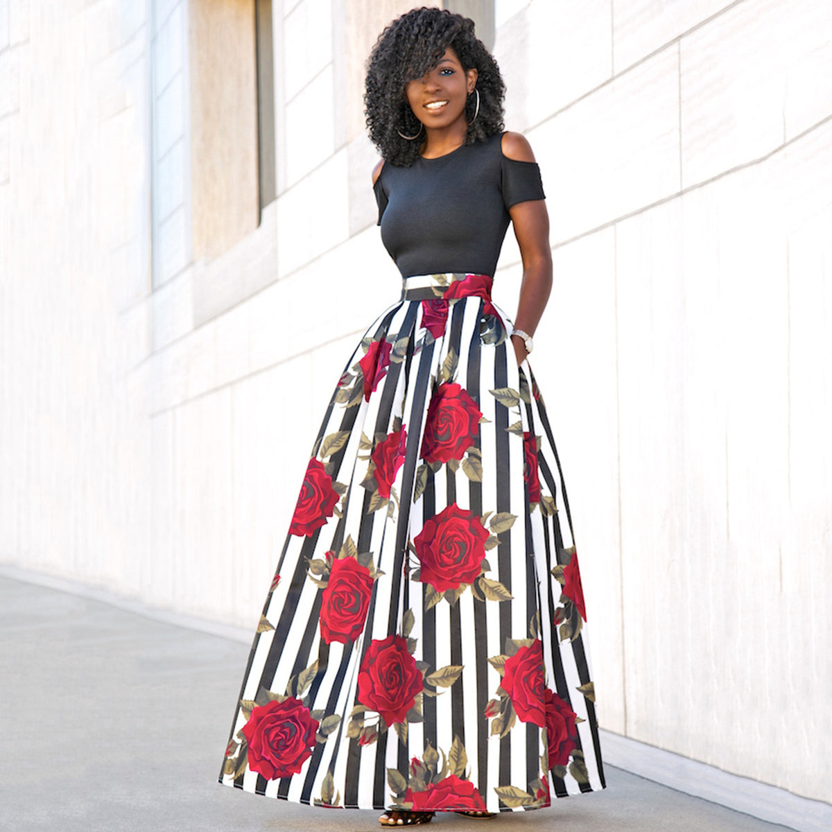 Cold-Shoulder Top & Floral Maxi Skirt Co-ord Set