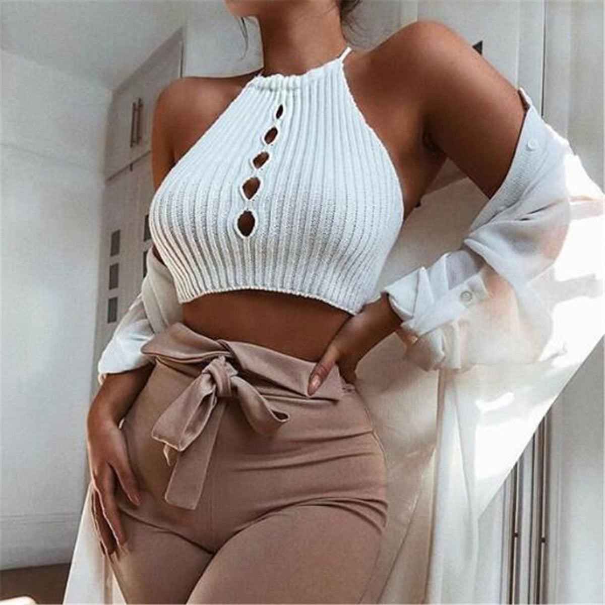 Ribbed Button Halter Crop Top