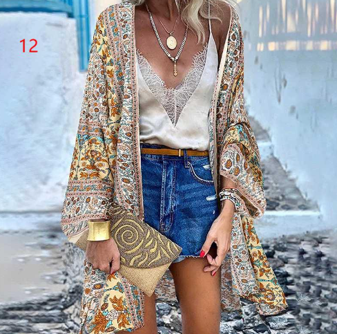 Paisley Print Boho Kimono - Khaki