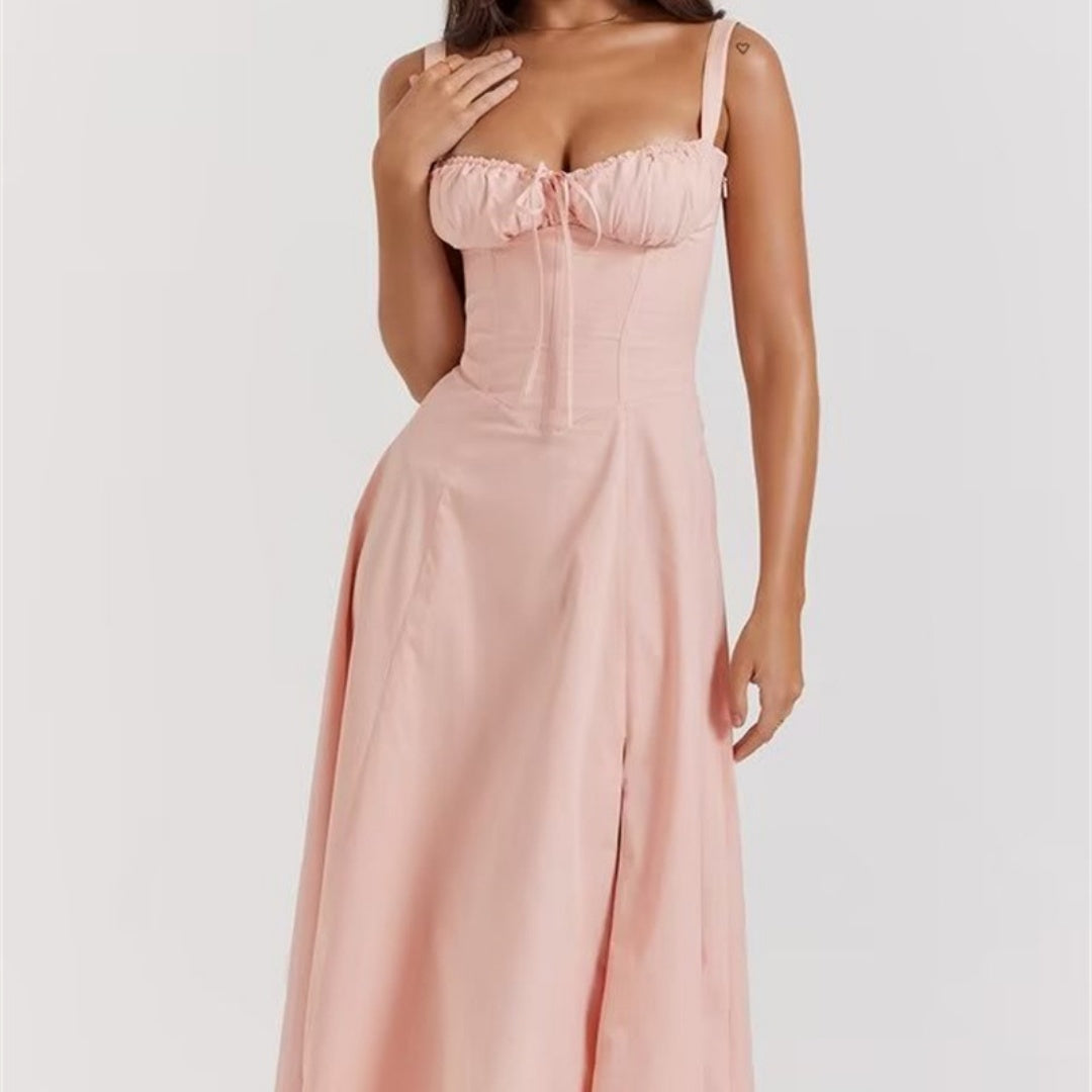 Pink Corset Lace-Up Midi Dress