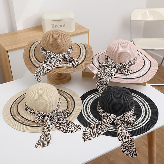 Foldable Straw Beach Hat with Bow