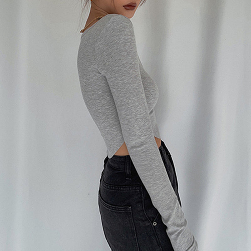 Ribbed Long-Sleeve Asymmetric Hem Top