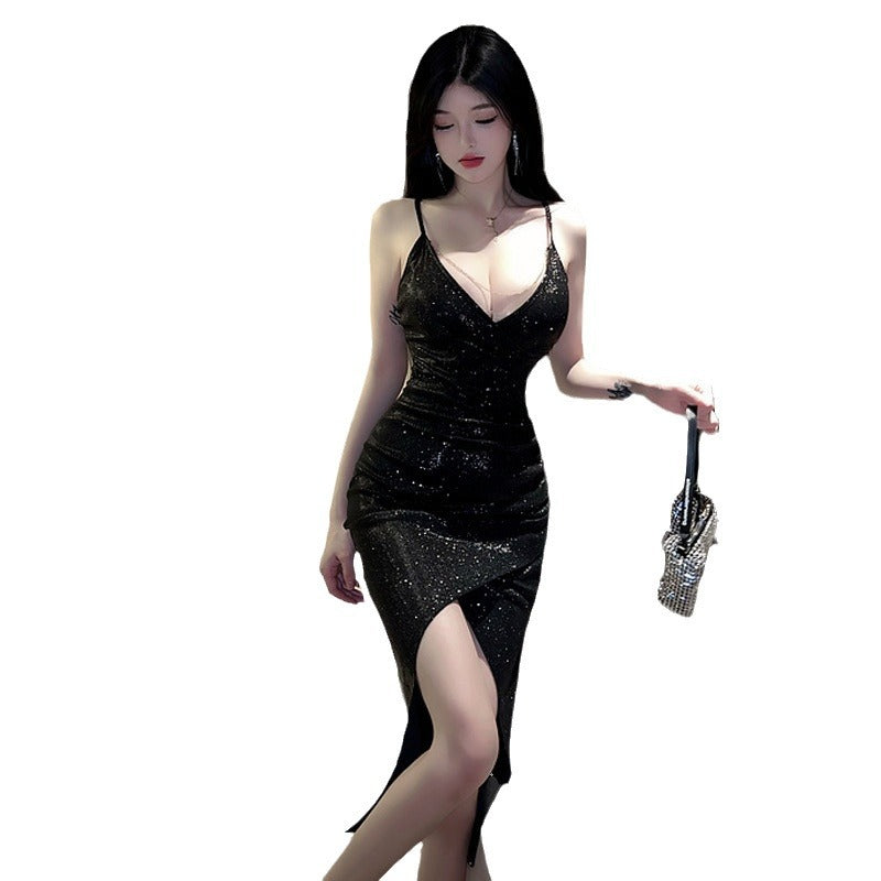 Low V-Neck Party Dress with High Slit