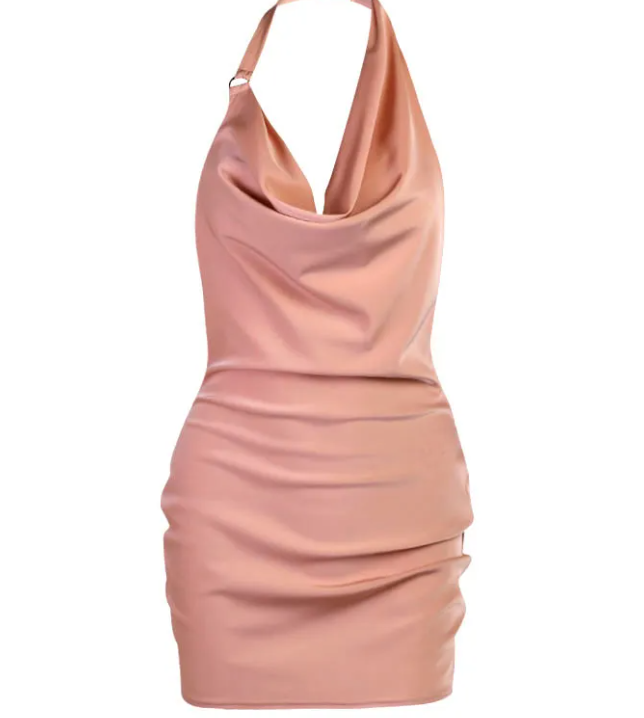 Satin Cowl-Neck Halter Mini Dress with Ruched Drawstring