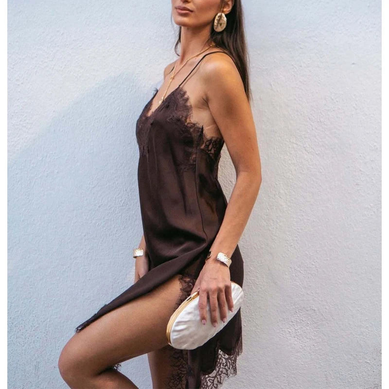 Satin Lace Backless Slip Mini Dress – Asymmetric Hem