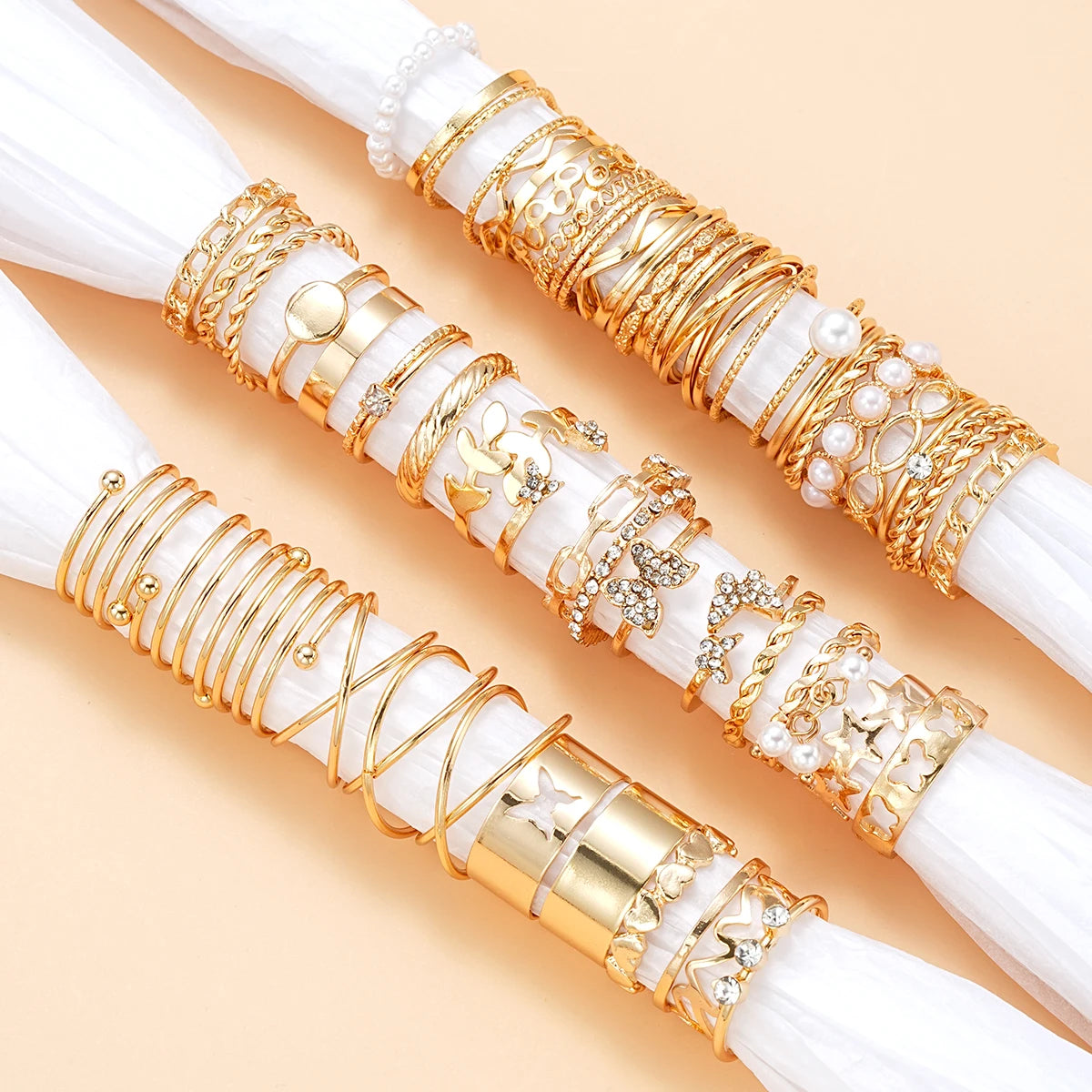 Vintage Gold-Plated Rings Set – Heart, Snake & Butterfly