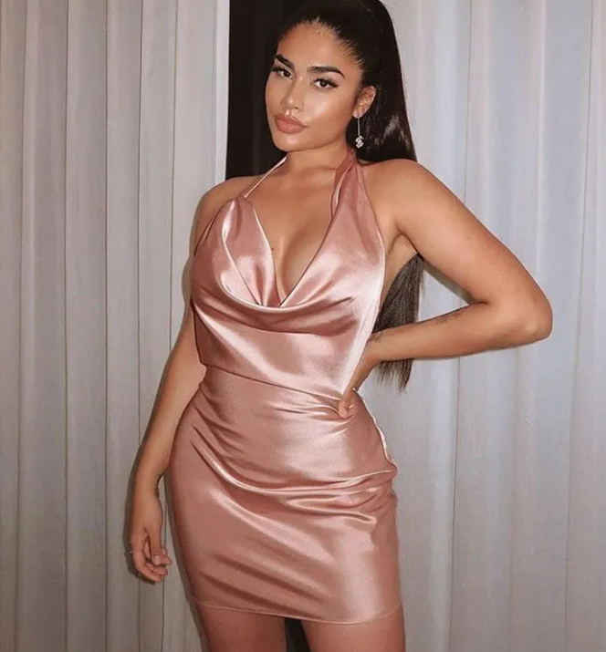 Satin Cowl-Neck Halter Mini Dress with Ruched Drawstring