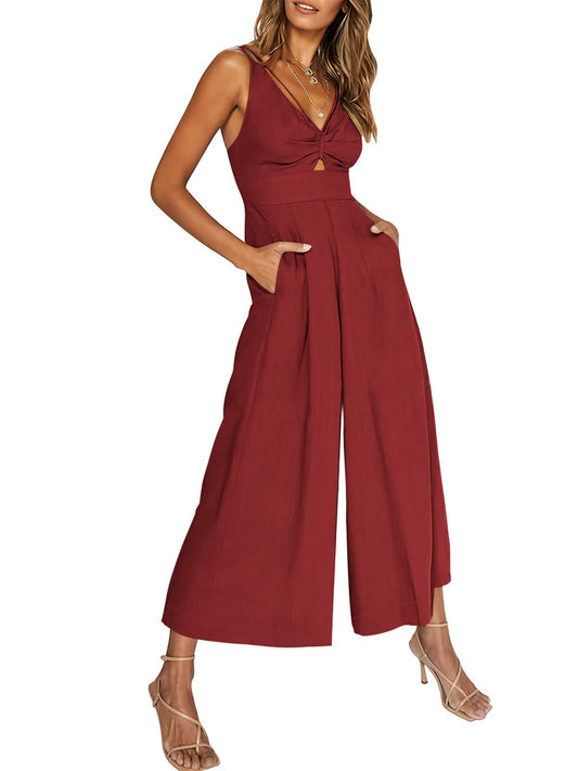 Tie-Neck Pleated Wide-Leg Jumpsuit