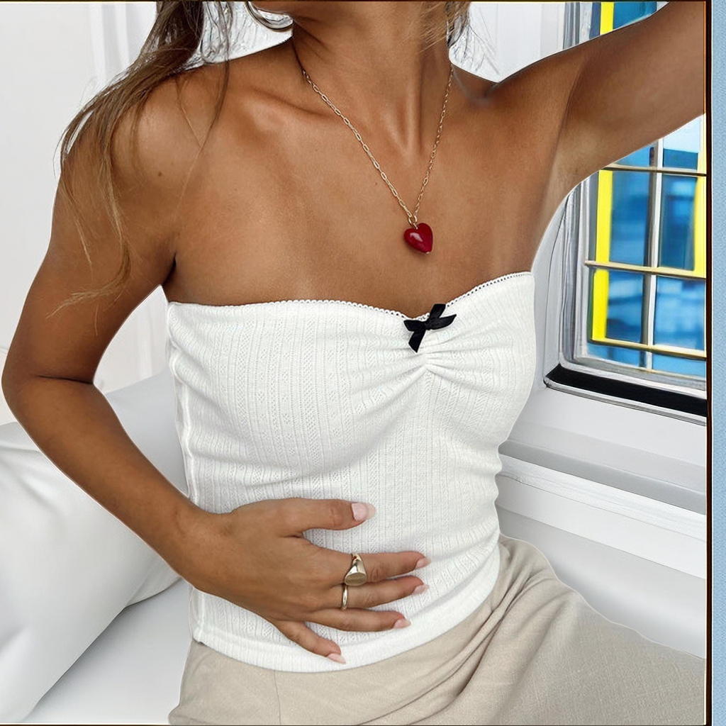 Strapless Knit Tube Top with Bow
