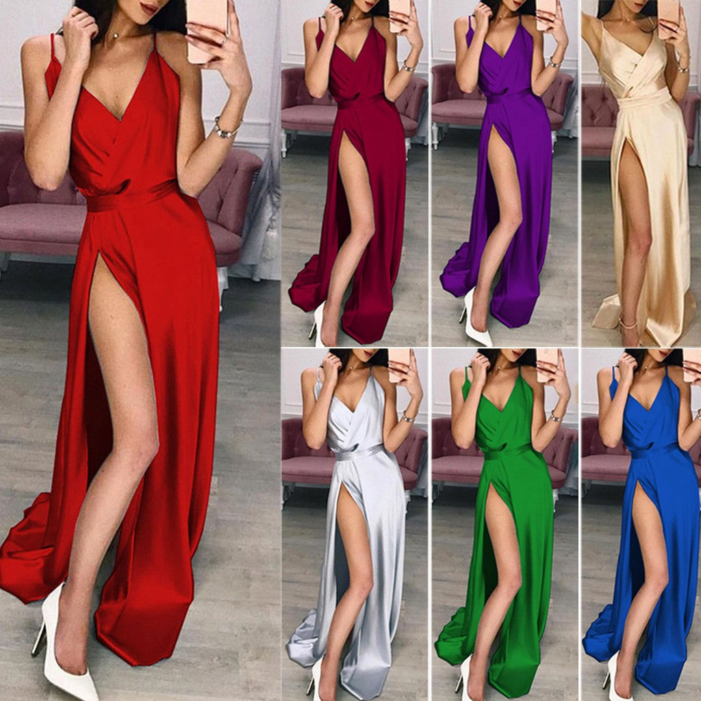 Satin V-Neck Split Maxi Dress